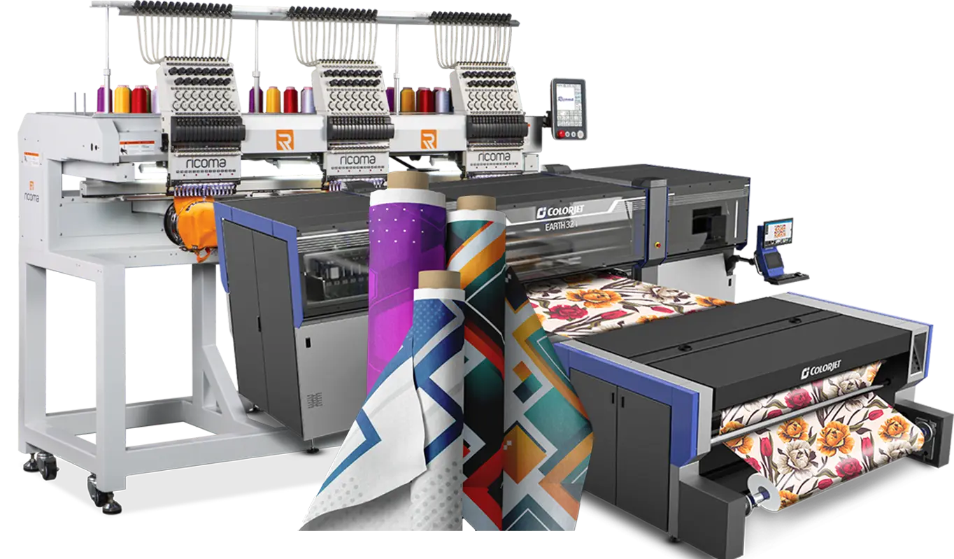 Fabric and embroidery samples demonstrating high-fidelity textile printing